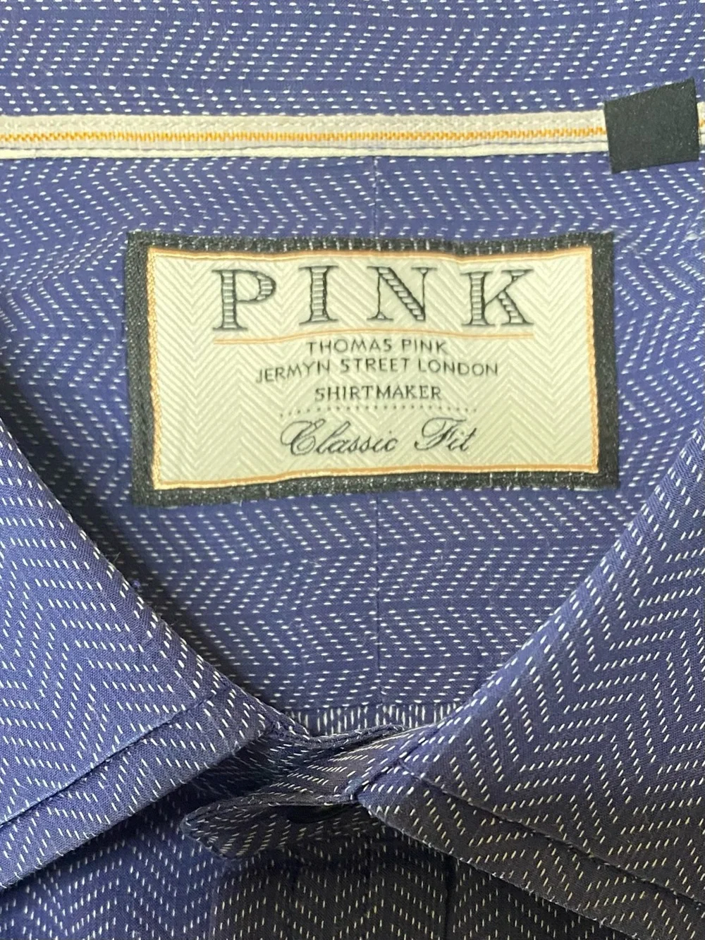 Thomas Pink Men's Navy Blue Herringbone Button-Down Shirt Size 19 - 37 1/2